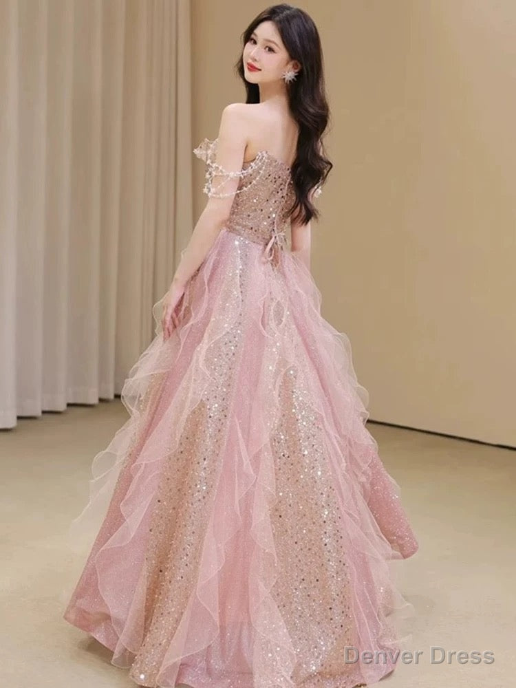 Pretty A Line Off The Shoulder Tulle Pink Floor Length Prom Dress Main image