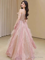 Pretty A Line Off The Shoulder Tulle Pink Floor Length Prom Dress