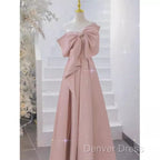 Pretty A Line One Shoulder Pink Satin Long Evening Party Dresses Prom Dresses With Bowknot