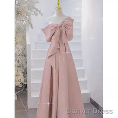 Pretty A Line One Shoulder Pink Satin Long Evening Party Dress Prom Dresses With Bowknot