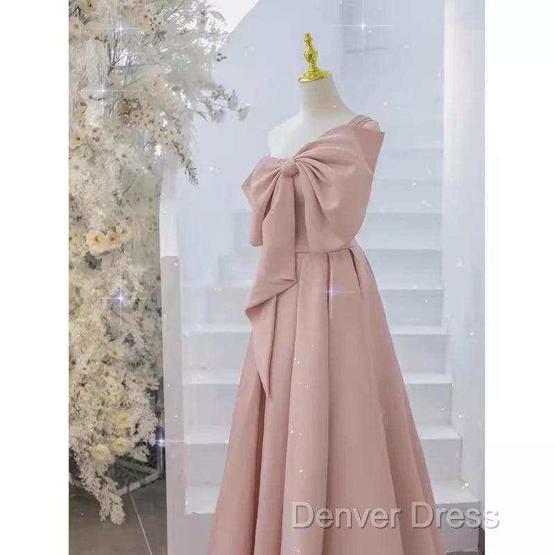 Pretty A Line One Shoulder Pink Satin Long Evening Party Dresses Prom Dresses With Bowknot