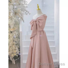 Pretty A Line One Shoulder Pink Satin Long Evening Party Dress Prom Dresses With Bowknot
