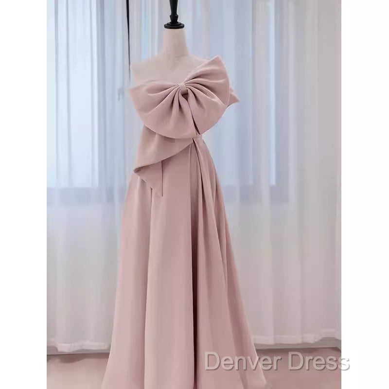 Pretty A Line One Shoulder Pink Satin Long Evening Party Dresses Prom Dresses With Bowknot