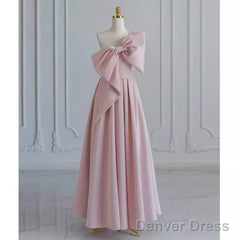Pretty A Line One Shoulder Pink Satin Long Evening Party Dress Prom Dresses With Bowknot