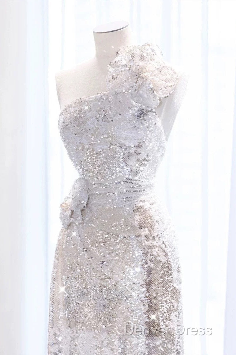 Pretty A Line One Shoulder Silver Sequin Long Length Evening Dresses Prom Dresses Secondary image