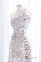 Pretty A Line One Shoulder Silver Sequin Long Length Evening Dresses Prom Dresses