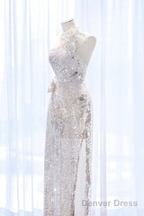 Pretty A Line One Shoulder Silver Sequin Long Length Evening Dress Prom Dresses