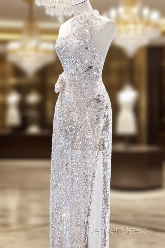 Pretty A Line One Shoulder Silver Sequin Long Length Evening Dresses Prom Dresses Main image