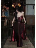 Pretty A Line Spaghetti Straps Burgundy Satin Prom Dress Prom Gown Birthday Dresses