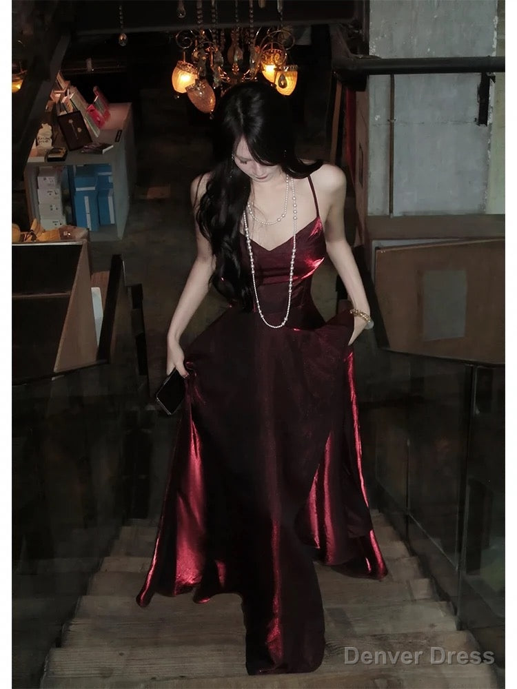 Pretty A Line Spaghetti Straps Burgundy Satin Prom Dress Prom Gown Birthday Dresses