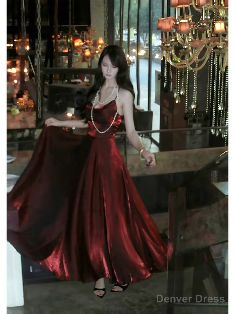 Pretty A Line Spaghetti Straps Burgundy Satin Prom Dress Prom Gown Birthday Dresses