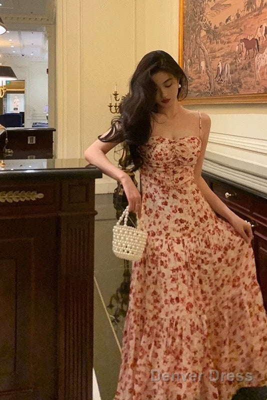 Pretty A Line Spaghetti Straps Chiffon Floral Sleeveless Date Night Dress Prom Dresses Birthday Prom Outfit