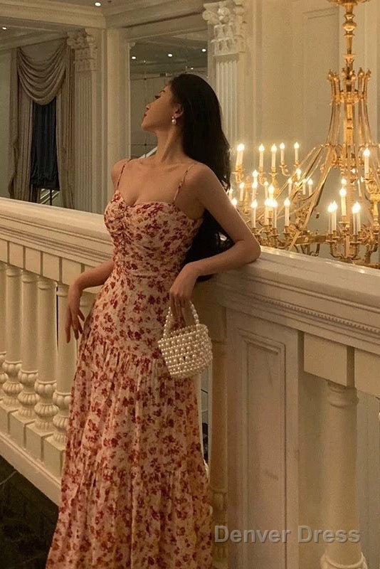 Pretty A Line Spaghetti Straps Chiffon Floral Sleeveless Date Night Dress Prom Dresses Birthday Prom Outfit