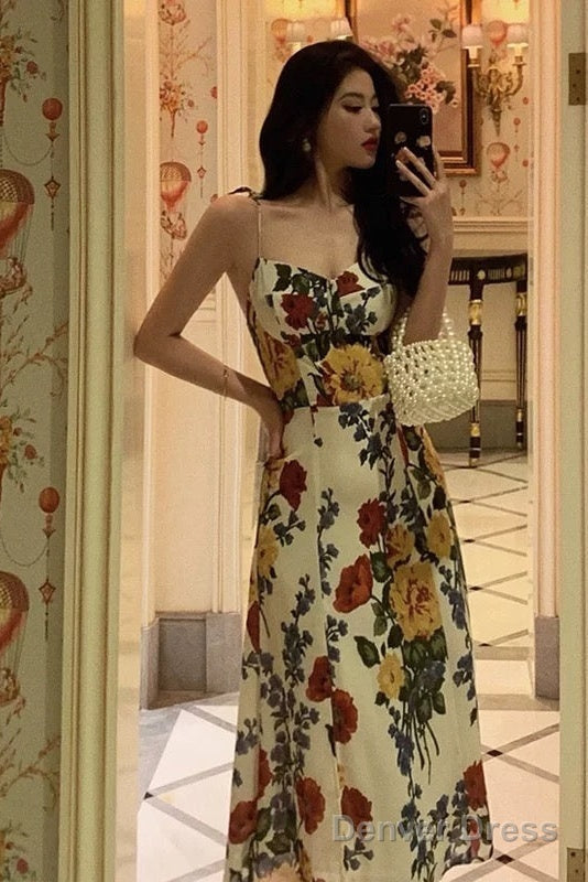 Pretty A Line Spaghetti Straps Floral Date Night Dress Prom Dresses Birthday Prom Outfit