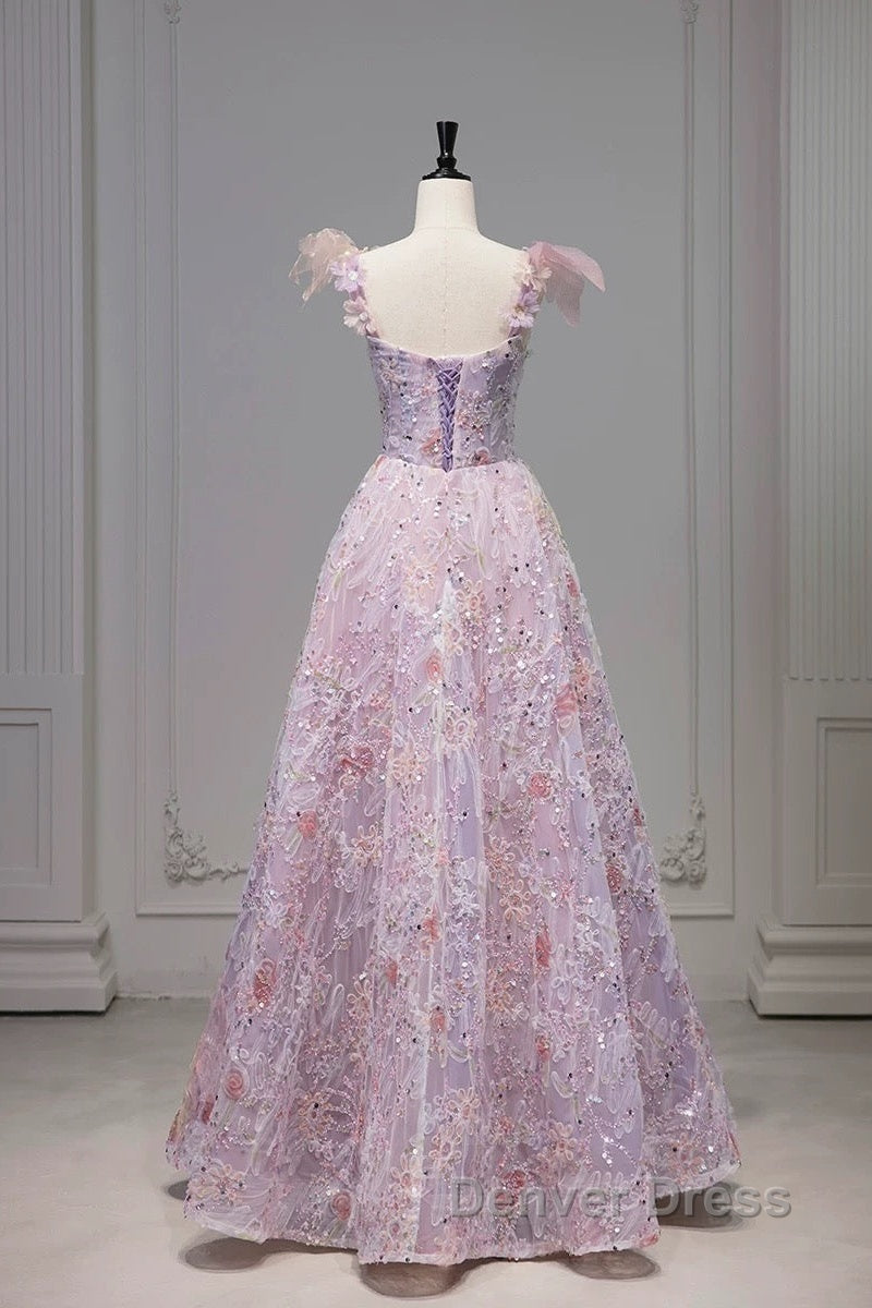 Pretty A Line Spaghetti Straps Pink Floral Long Length Evening Dresses Prom Dresses Secondary image