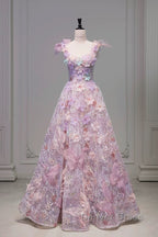 Pretty A Line Spaghetti Straps Pink Floral Long Length Evening Dresses Prom Dresses