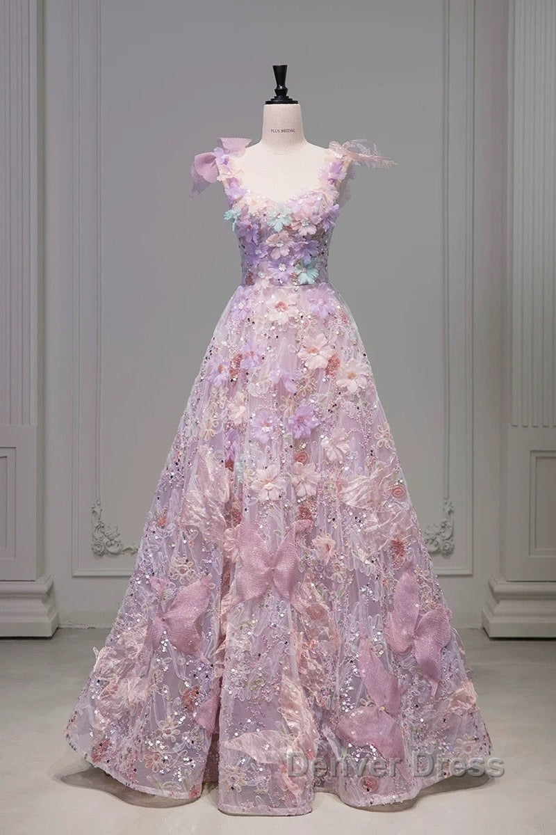 Pretty A Line Spaghetti Straps Pink Floral Long Length Evening Dresses Prom Dresses