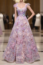 Pretty A Line Spaghetti Straps Pink Floral Long Length Evening Dresses Prom Dresses