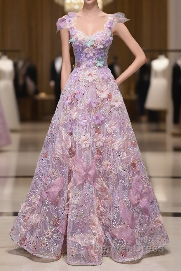 Pretty A Line Spaghetti Straps Pink Floral Long Length Evening Dresses Prom Dresses