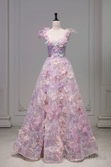 Pretty A Line Spaghetti Straps Pink Floral Long Length Evening Dress Prom Dresses