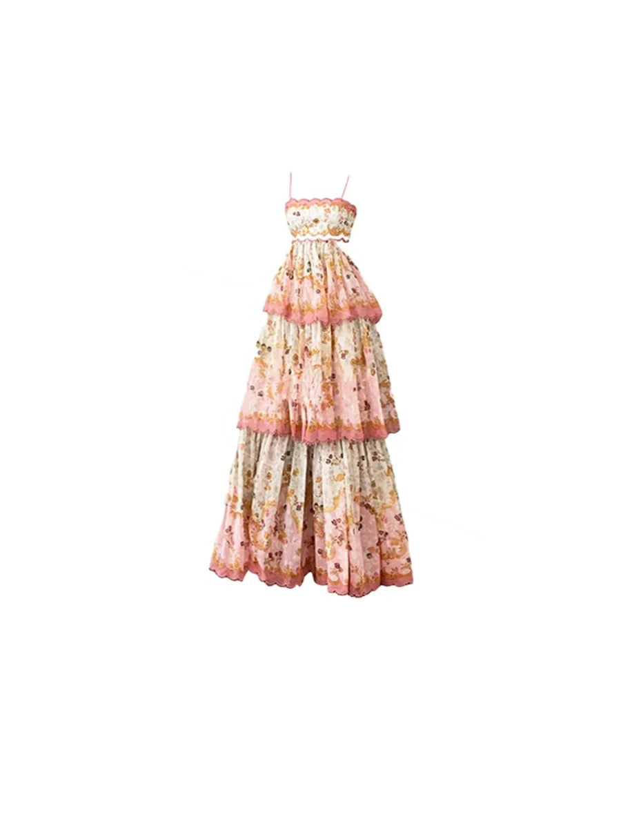 Pretty A Line Spaghetti Straps Pink Floral Ruffles Backless Long Prom Dress