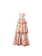 Pretty A Line Spaghetti Straps Pink Floral Ruffles Backless Long Prom Dress