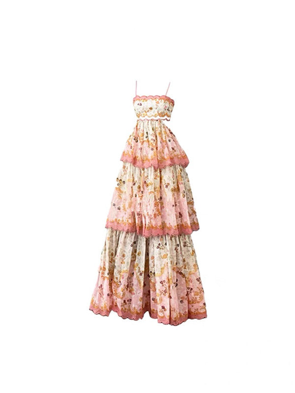 Pretty A Line Spaghetti Straps Pink Floral Ruffles Backless Long Prom Dress