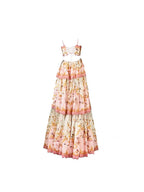 Pretty A Line Spaghetti Straps Pink Floral Ruffles Backless Long Prom Dress