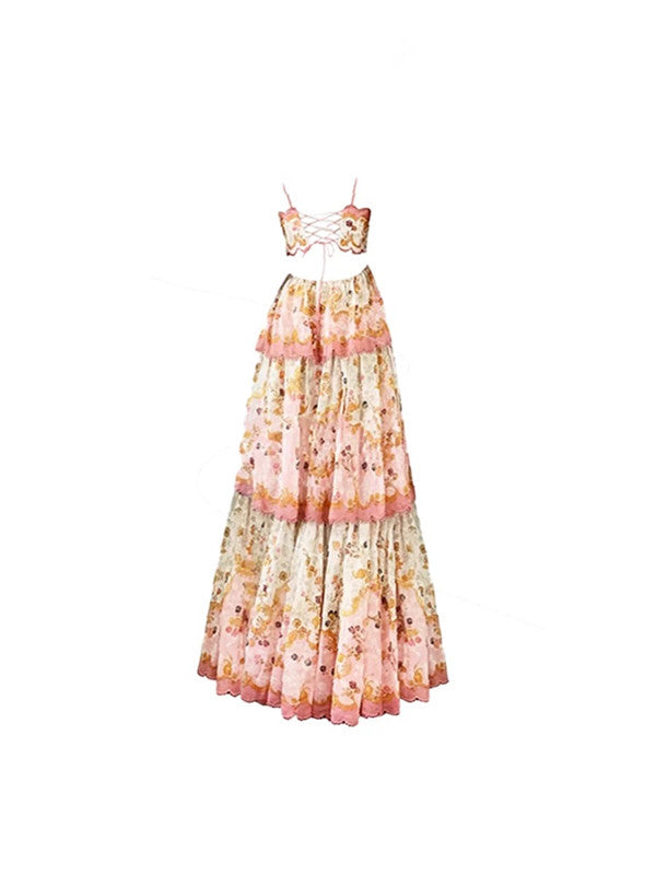 Pretty A Line Spaghetti Straps Pink Floral Ruffles Backless Long Prom Dress