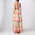 Pretty A Line Spaghetti Straps Pink Floral Ruffles Backless Long Prom Dress