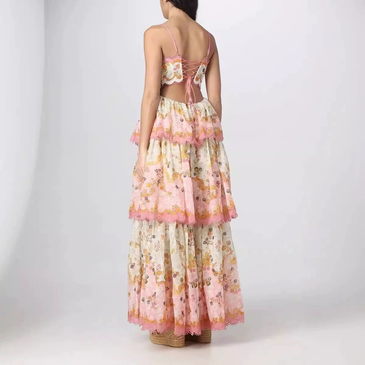Pretty A Line Spaghetti Straps Pink Floral Ruffles Backless Long Prom Dress