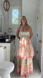Pretty A Line Spaghetti Straps Pink Floral Ruffles Backless Long Prom Dress