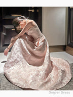 Pretty A Line Spaghetti Straps Pink Lace Satin Prom Dresses Prom Gown