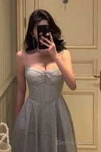 Pretty A Line Spaghetti Straps Pleated Silver Gray Sequin Prom Dresses Birthday Outfits Prom Gowns
