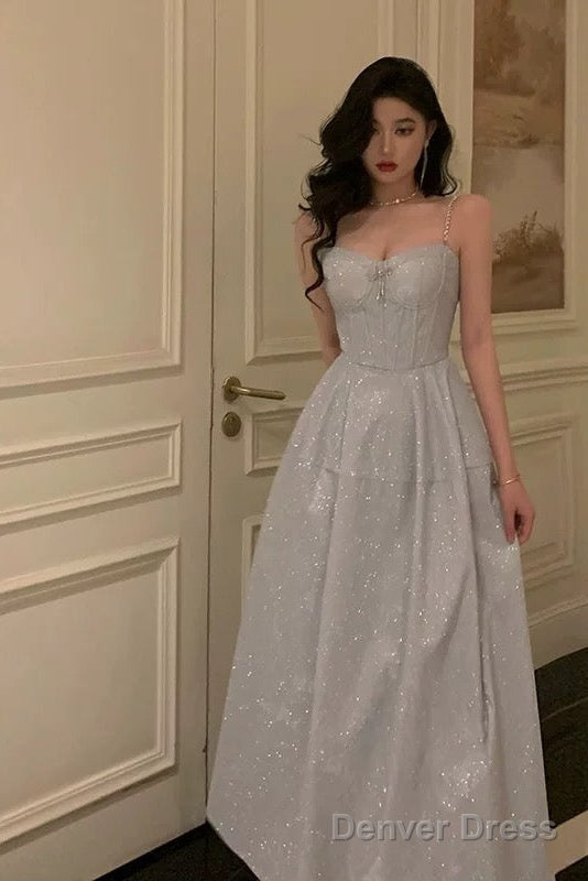 Pretty A Line Spaghetti Straps Pleated Silver Gray Sequin Prom Dresses Birthday Outfits Prom Gowns