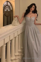 Pretty A Line Spaghetti Straps Pleated Silver Gray Sequin Prom Dresses Birthday Outfits Prom Gowns