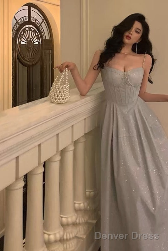 Pretty A Line Spaghetti Straps Pleated Silver Gray Sequin Prom Dresses Birthday Outfits Prom Gowns