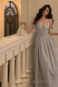 Pretty A Line Spaghetti Straps Pleated Silver Gray Sequin Prom Dresses Birthday Outfits Prom Gowns