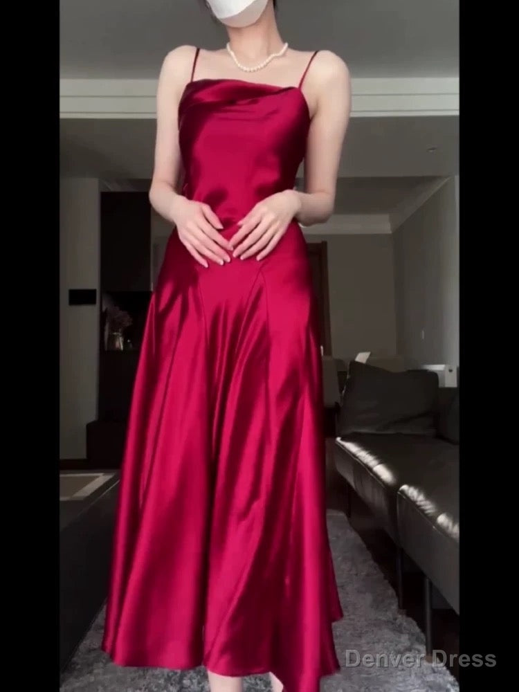 Pretty A Line Spaghetti Straps Red Satin Long Floor Length Prom Dresses Secondary image