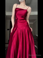 Pretty A Line Spaghetti Straps Red Satin Long Floor Length Prom Dresses