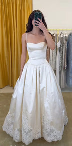 Pretty A Line Spaghetti Straps Stain Lace Long Prom Dress