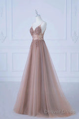 Pretty A Line Spaghetti Straps Tulle Long Length Evening Dress Prom Dresses