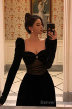 Pretty A Line Square Neckline Long Sleeves Black Velvet Prom Dresses Birthday Outfits Prom Gowns