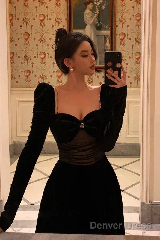 Pretty A Line Square Neckline Long Sleeves Black Velvet Prom Dresses Birthday Outfits Prom Gowns