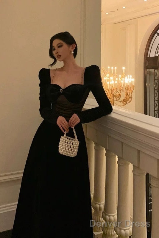 Pretty A Line Square Neckline Long Sleeves Black Velvet Prom Dresses Birthday Outfits Evening Gown