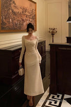 Pretty A Line Square Neckline Long Sleeves Ivory Prom Dresses Birthday Outfits Evening Gown