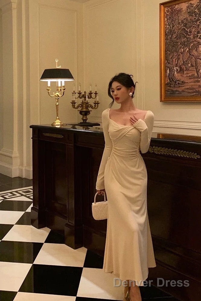 Pretty A Line Square Neckline Long Sleeves Ivory Prom Dresses Birthday Outfits Prom Gowns