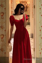 Pretty A Line Square Neckline Red Short Sleeves Date Night Dress Prom Dresses Birthday Prom Outfit