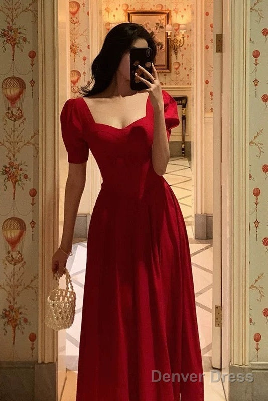 Pretty A Line Square Neckline Red Short Sleeves Date Night Dress Prom Dresses Birthday Prom Outfit