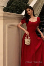 Pretty A Line Square Neckline Red Short Sleeves Date Night Dress Prom Dresses Birthday Prom Outfit